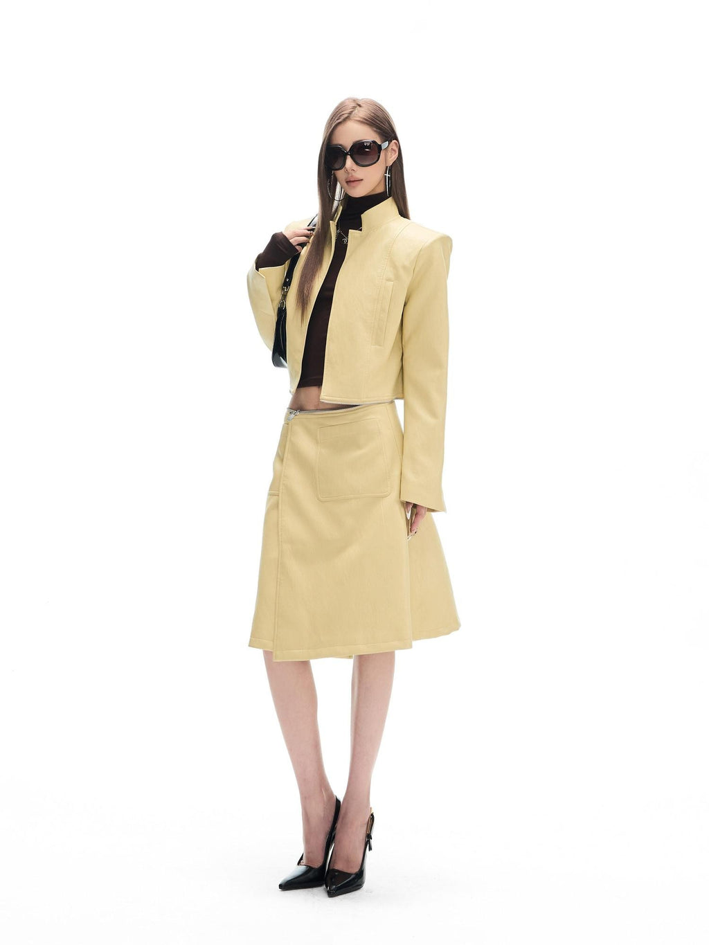 Fanptntox Yellow Cinched Waist Padded Shoulders Stand Collar Women's Pu Long Coats