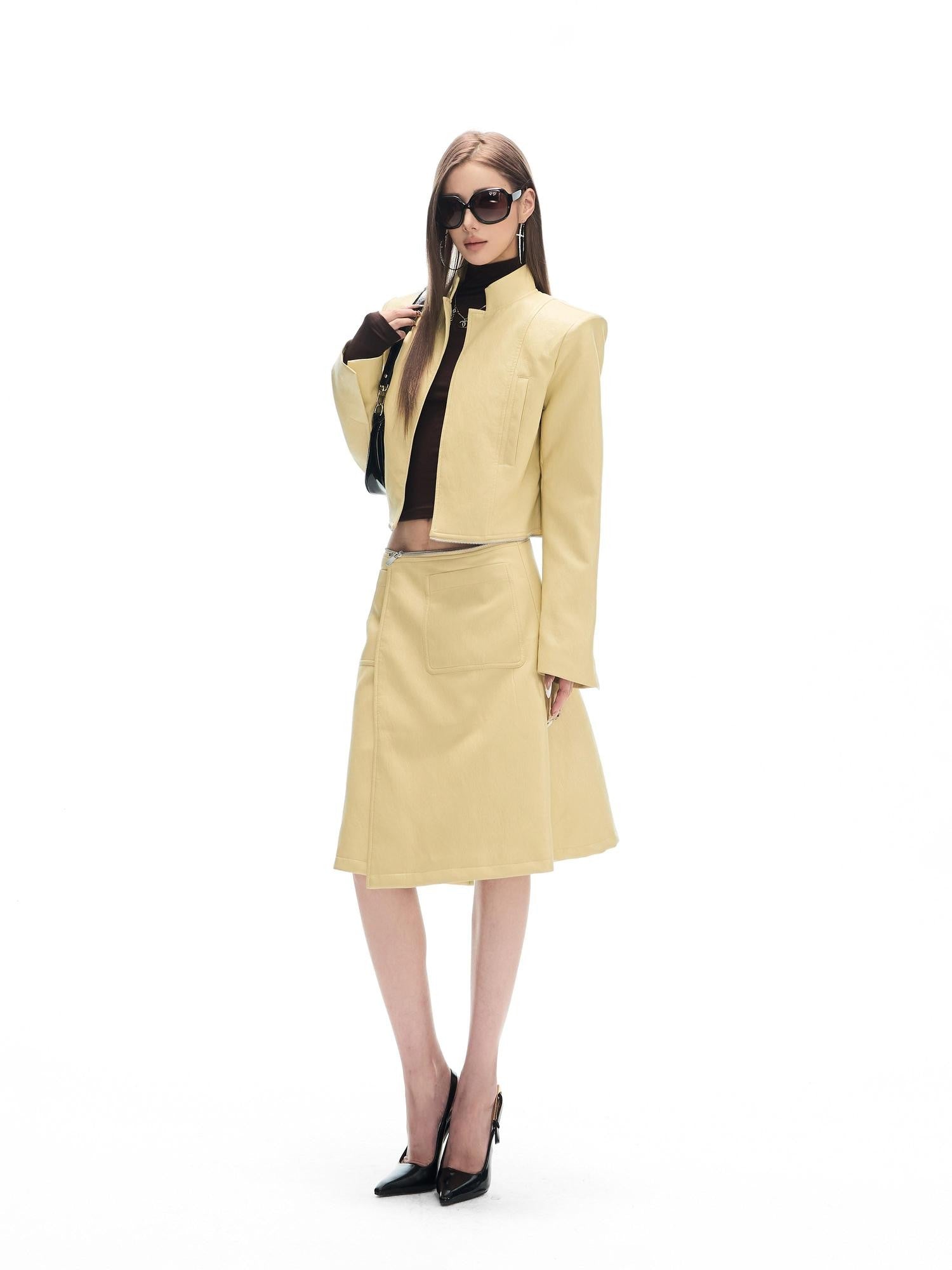 Fanptntox Yellow Cinched Waist Padded Shoulders Stand Collar Women's Pu Long Coats