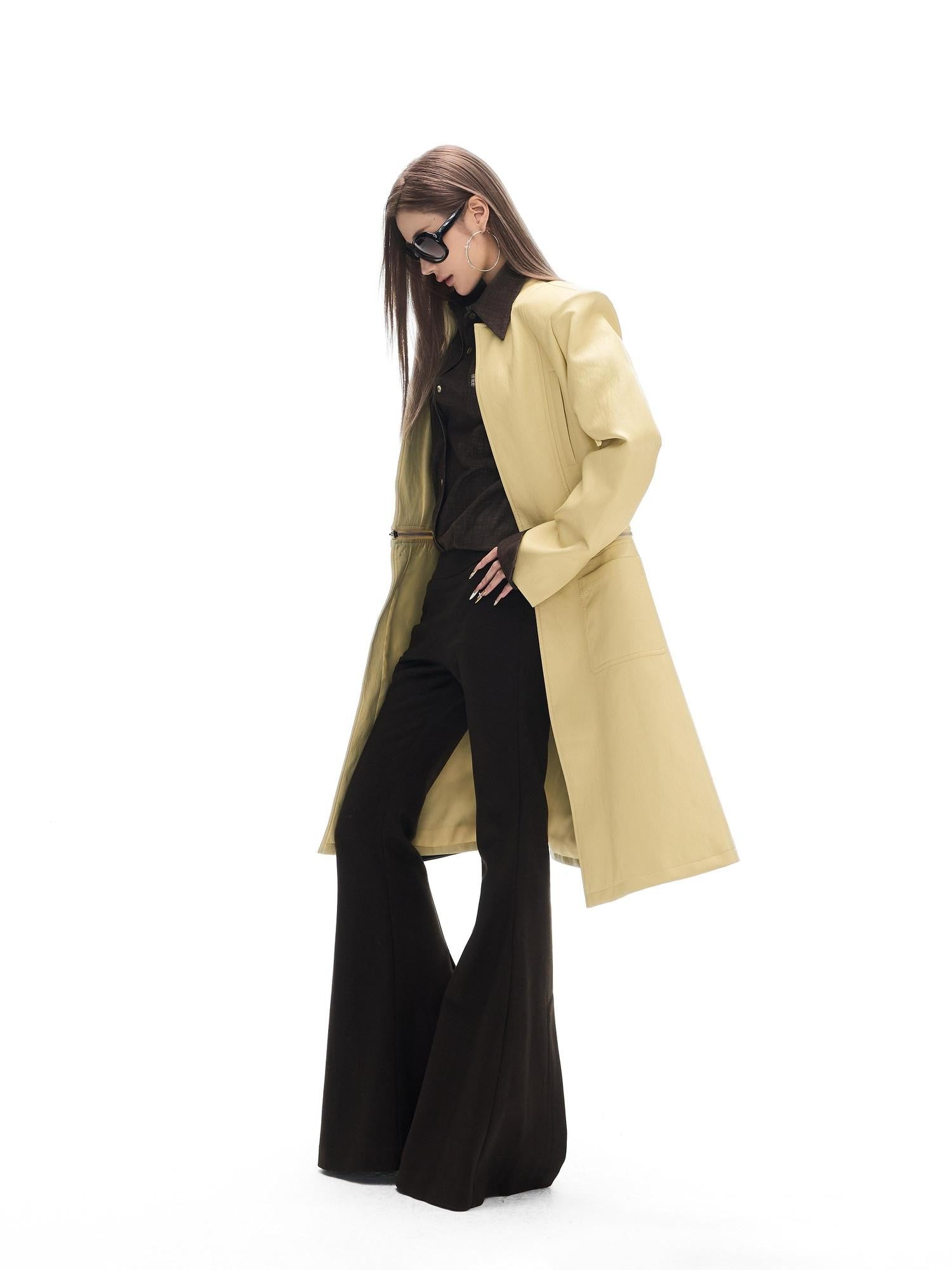 Fanptntox Yellow Cinched Waist Padded Shoulders Stand Collar Women's Pu Long Coats