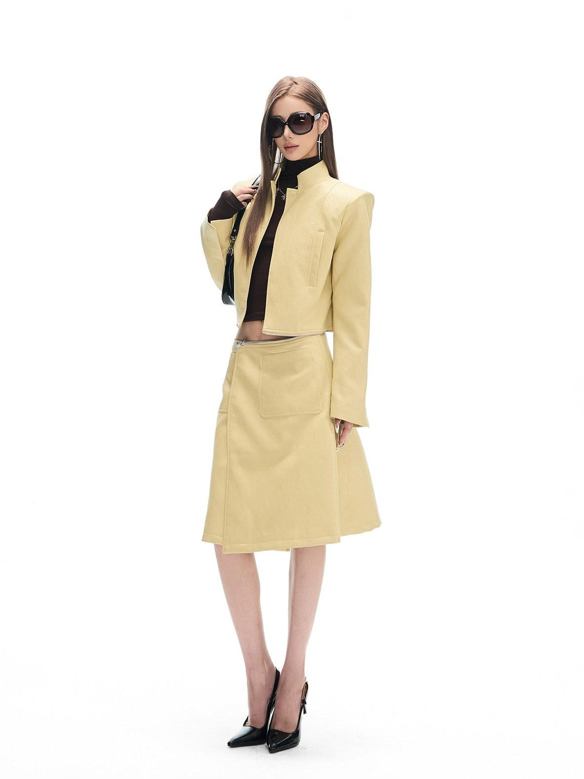 Fanptntox Yellow Cinched Waist Padded Shoulders Stand Collar Women's Pu Long Coats