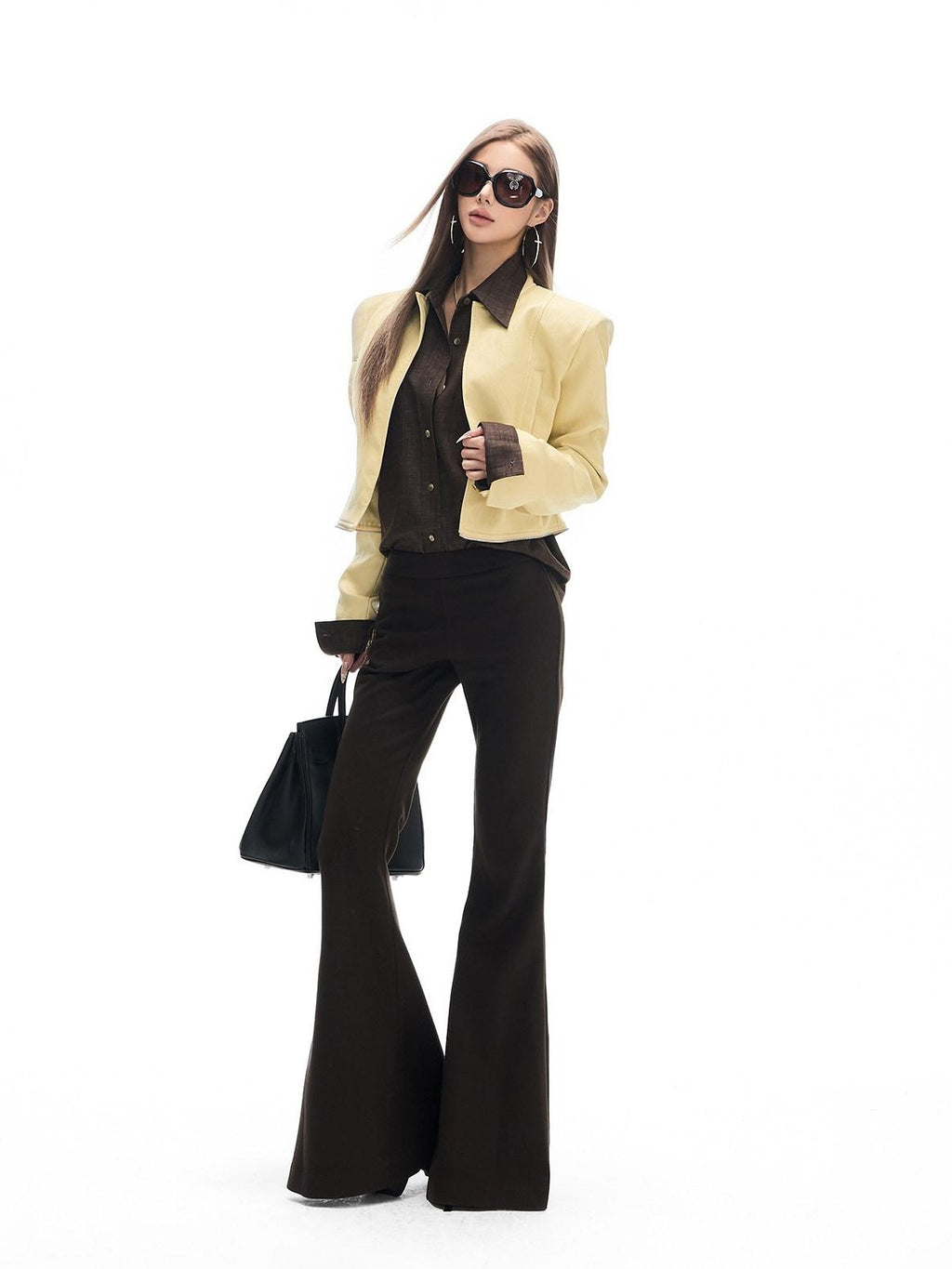 Fanptntox Yellow Cinched Waist Padded Shoulders Stand Collar Women's Pu Long Coats
