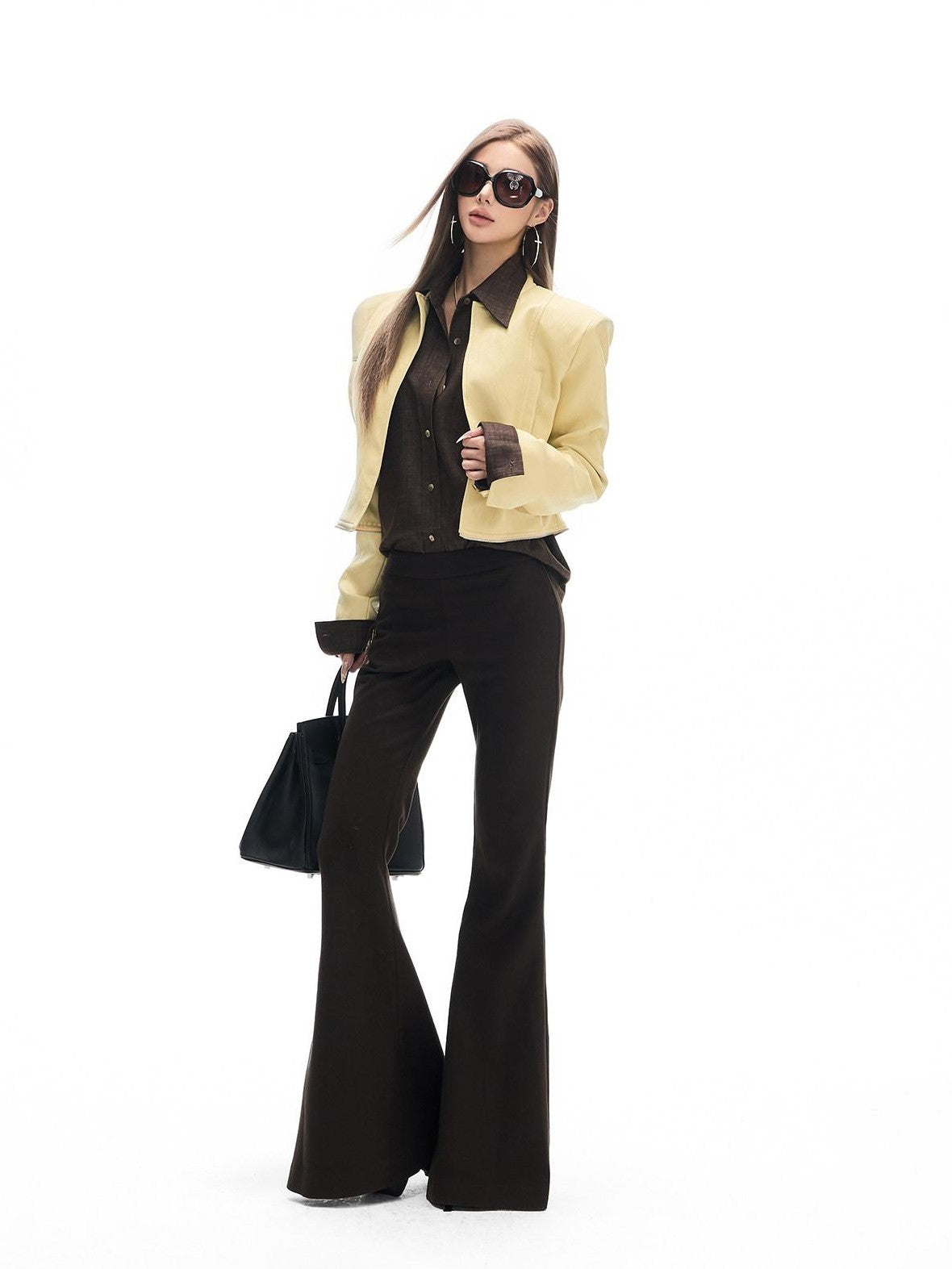 Fanptntox Yellow Cinched Waist Padded Shoulders Stand Collar Women's Pu Long Coats