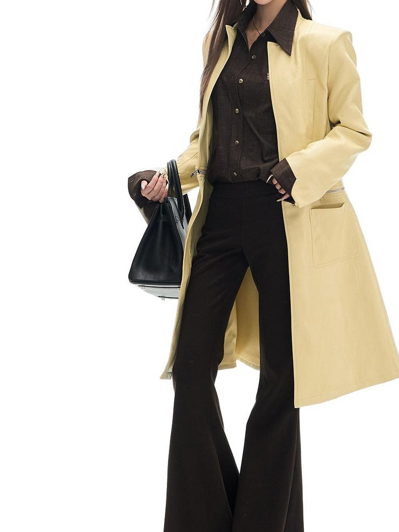 Fanptntox Yellow Cinched Waist Padded Shoulders Stand Collar Women's Pu Long Coats
