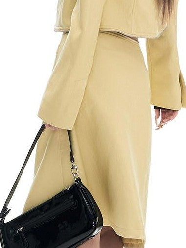 Fanptntox Yellow Cinched Waist Padded Shoulders Stand Collar Women's Pu Long Coats