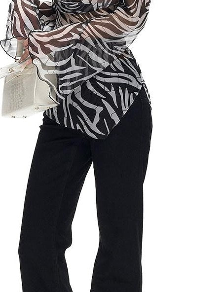 Fanptntox Zebra Print Asymmetric Open Back Women's Chiffon Long Sleeve T-shirts