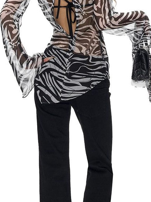 Fanptntox Zebra Print Asymmetric Open Back Women's Chiffon Long Sleeve T-shirts