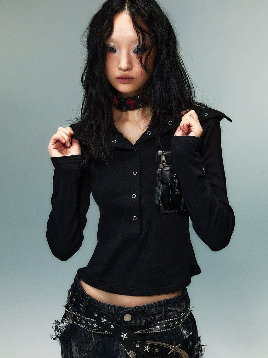 Frustration Garden 3D Embellished Double Zipper Slim Punk Women Colorblock Long Sleeve T-Shirts