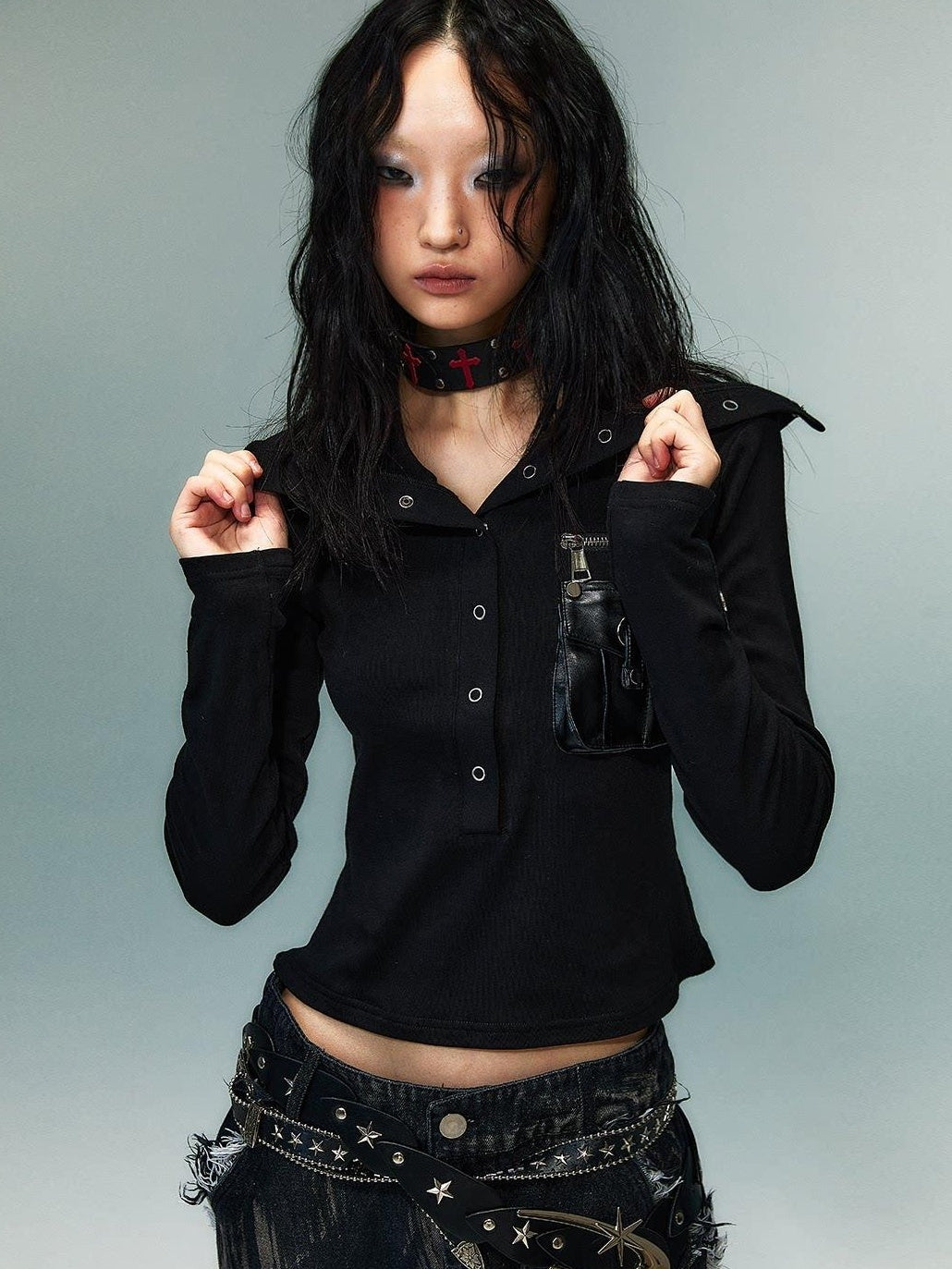 Frustration Garden 3D Embellished Double Zipper Slim Punk Women Colorblock Long Sleeve T-Shirts