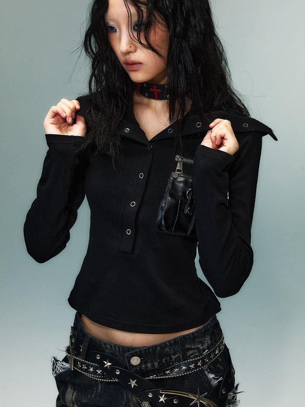 Frustration Garden 3D Embellished Double Zipper Slim Punk Women Colorblock Long Sleeve T-Shirts
