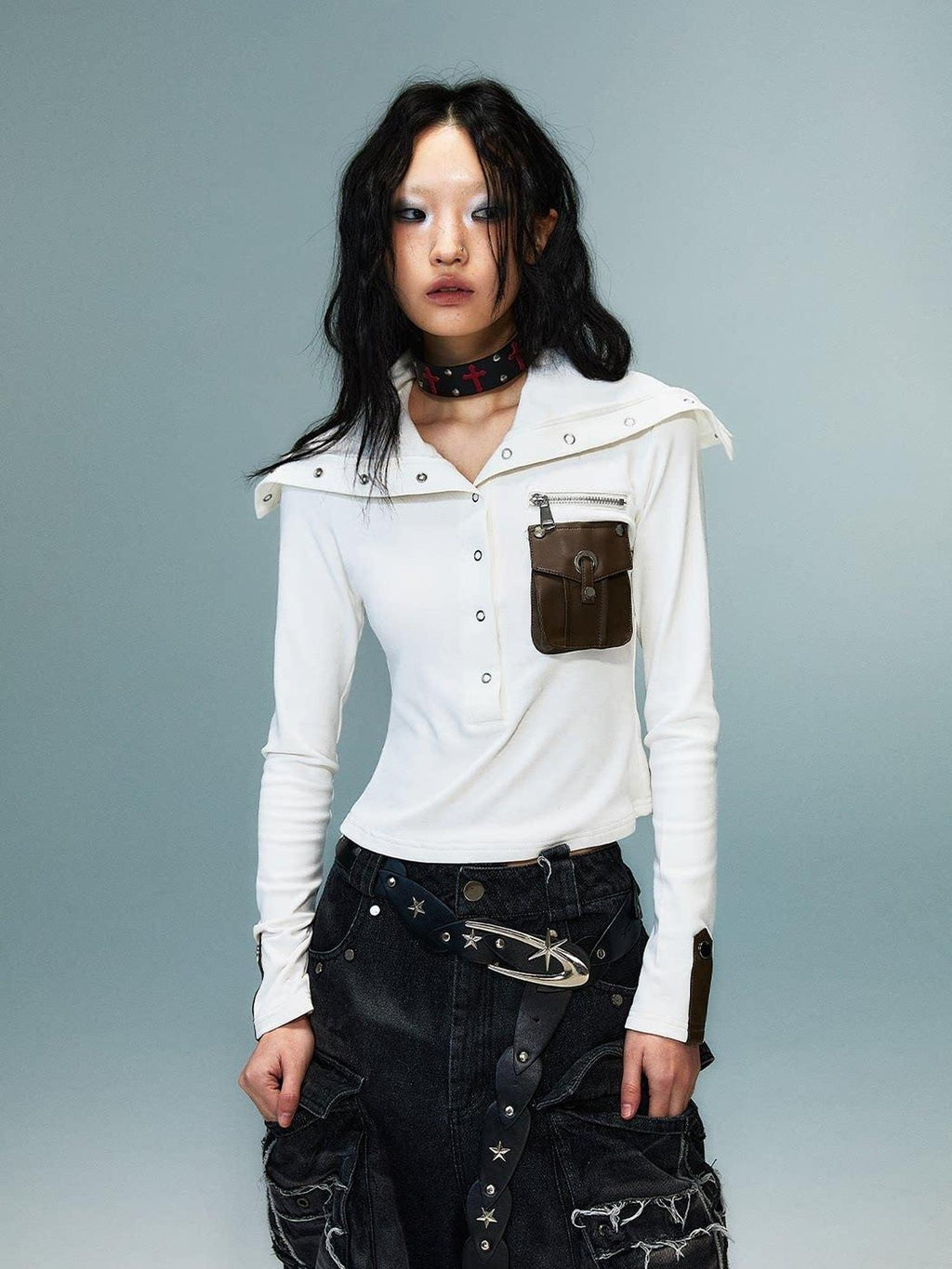 Frustration Garden 3D Embellished Double Zipper Slim Punk Women Colorblock Long Sleeve T-Shirts