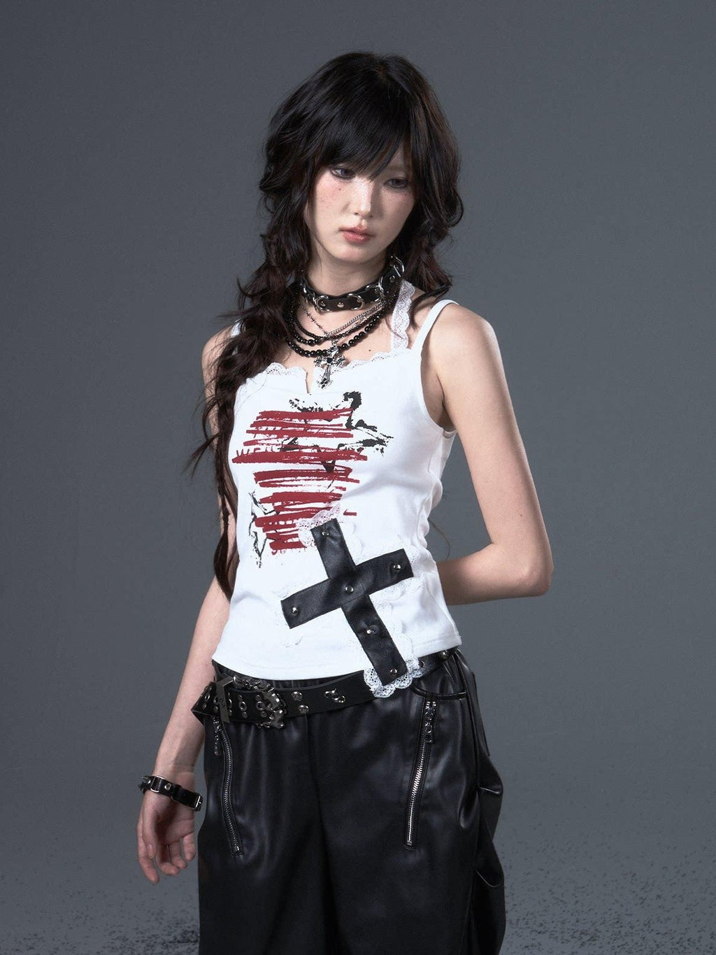 Frustration Garden Applique Lace Print Stud Detail Slim Cropped Tie Strappy Cami White Tank Tops