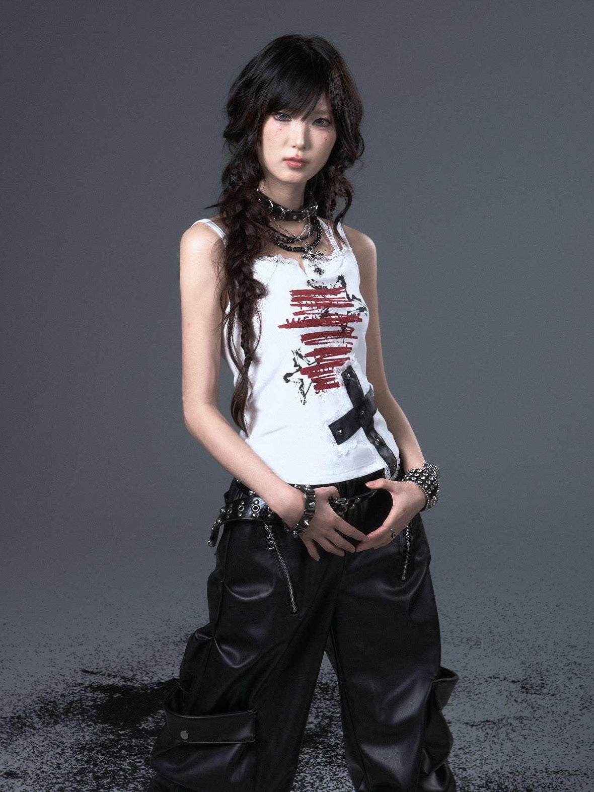 Frustration Garden Applique Lace Print Stud Detail Slim Cropped Tie Strappy Cami White Tank Tops