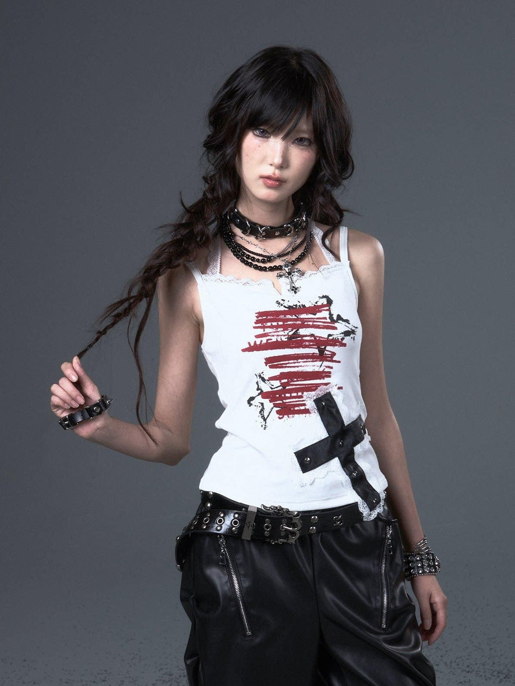Frustration Garden Applique Lace Print Stud Detail Slim Cropped Tie Strappy Cami White Tank Tops
