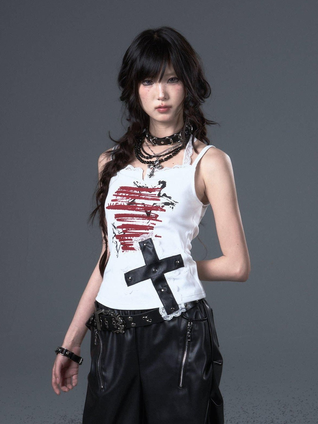 Frustration Garden Applique Lace Print Stud Detail Slim Cropped Tie Strappy Cami White Tank Tops