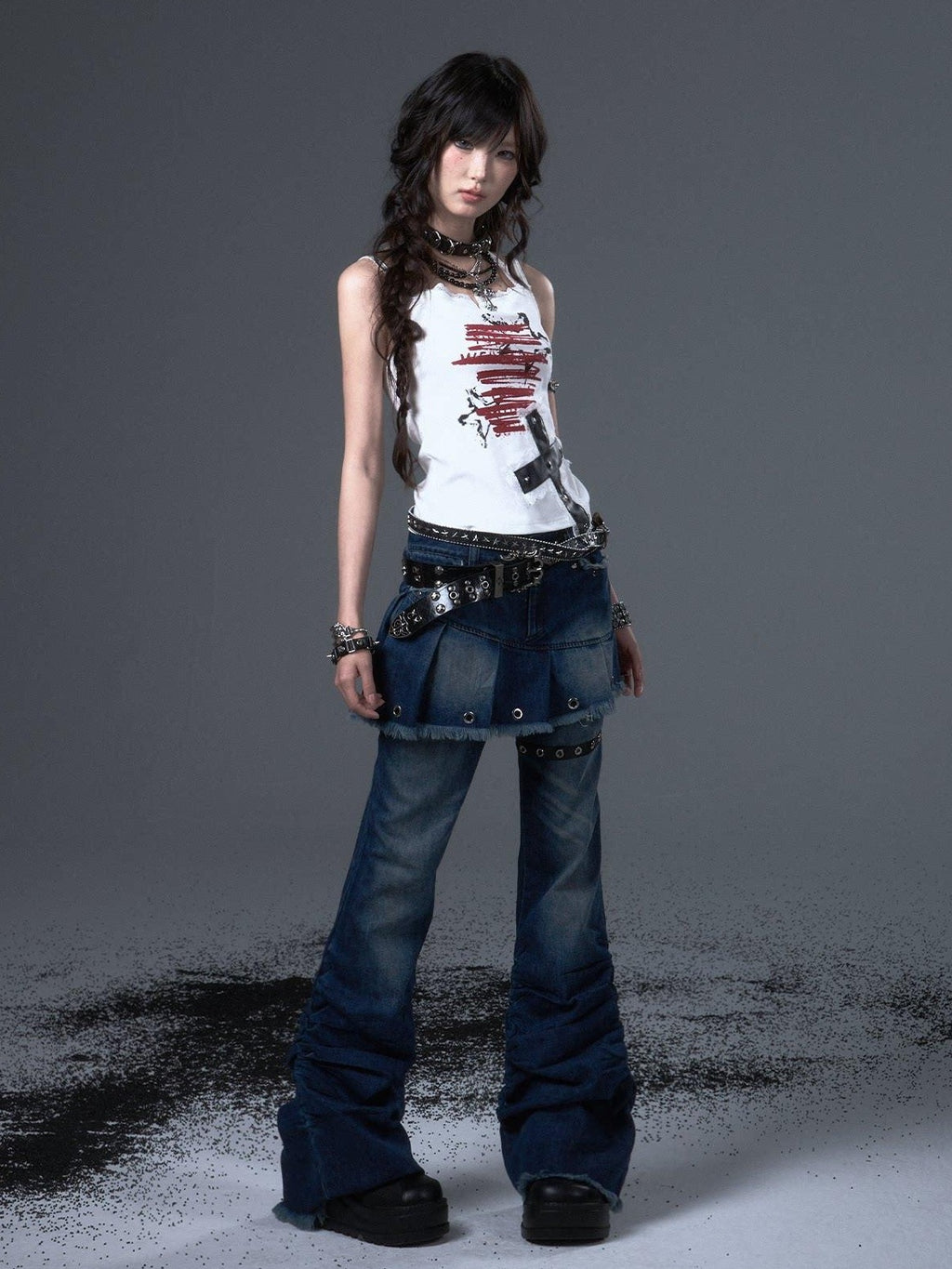 Frustration Garden Applique Lace Print Stud Detail Slim Cropped Tie Strappy Cami White Tank Tops