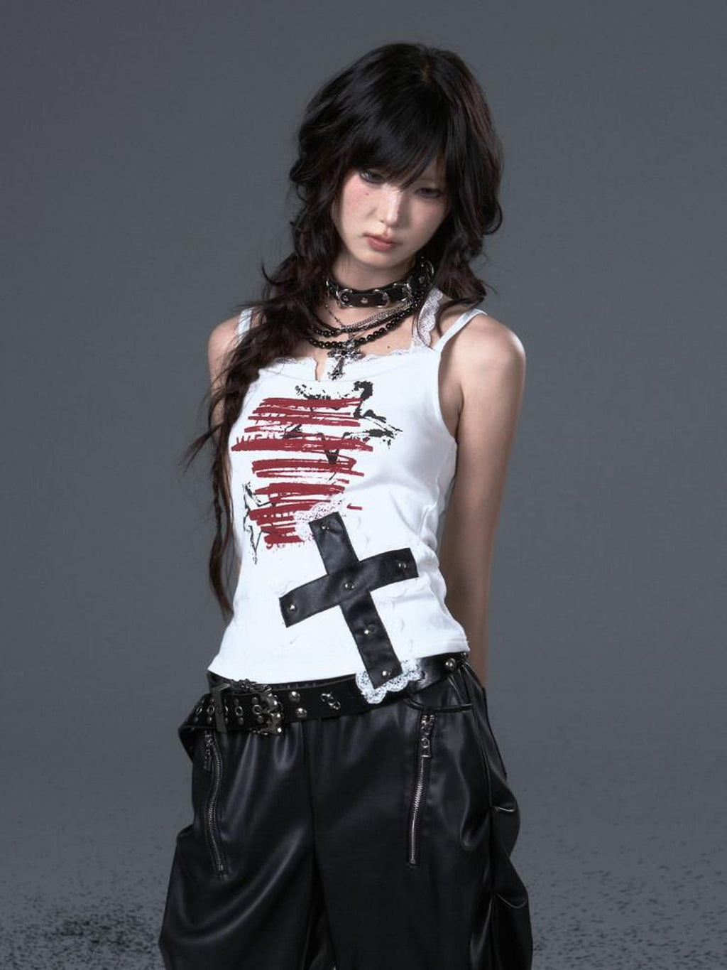Frustration Garden Applique Lace Print Stud Detail Slim Cropped Tie Strappy Cami White Tank Tops