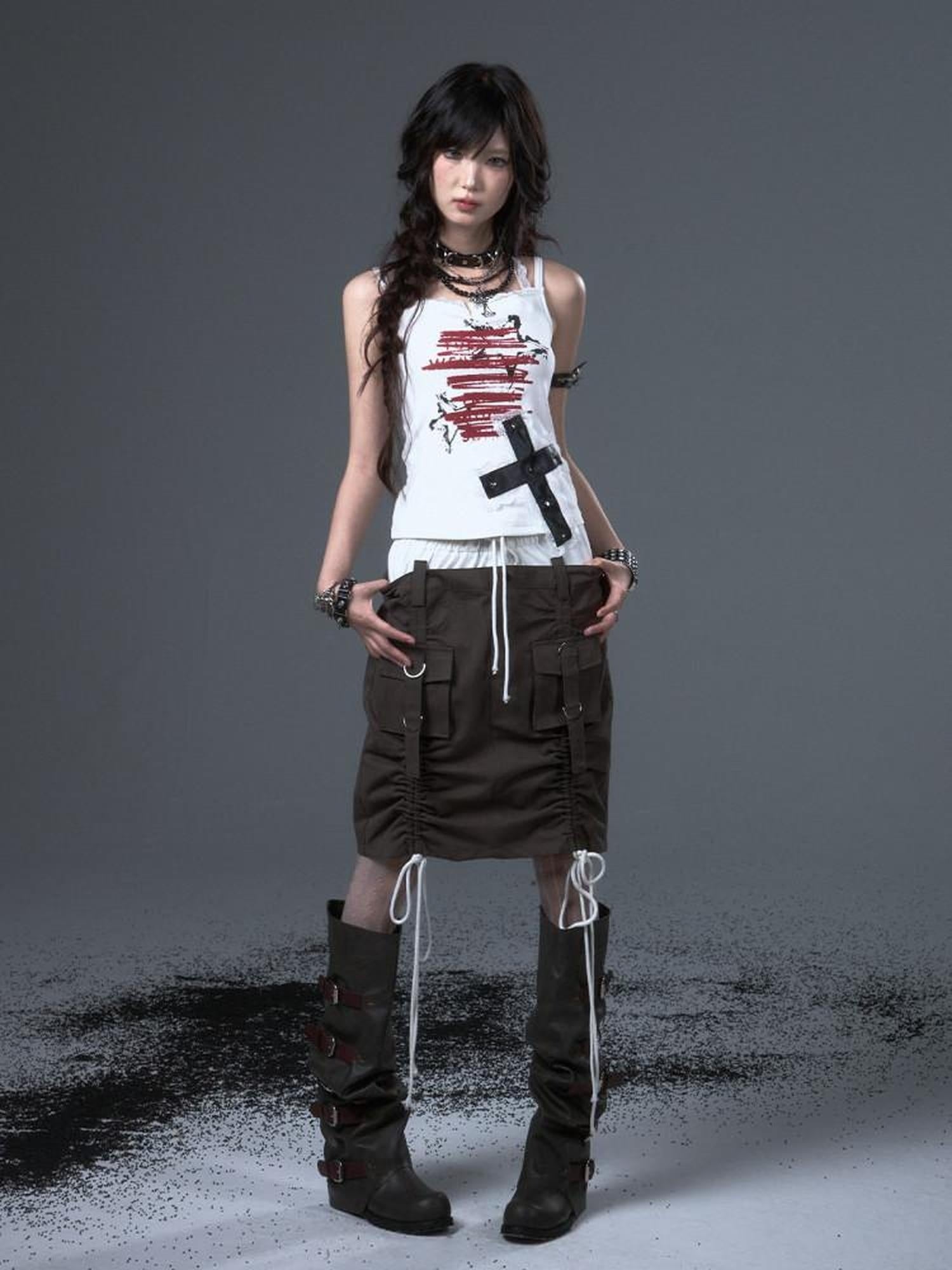Frustration Garden Applique Lace Print Stud Detail Slim Cropped Tie Strappy Cami White Tank Tops