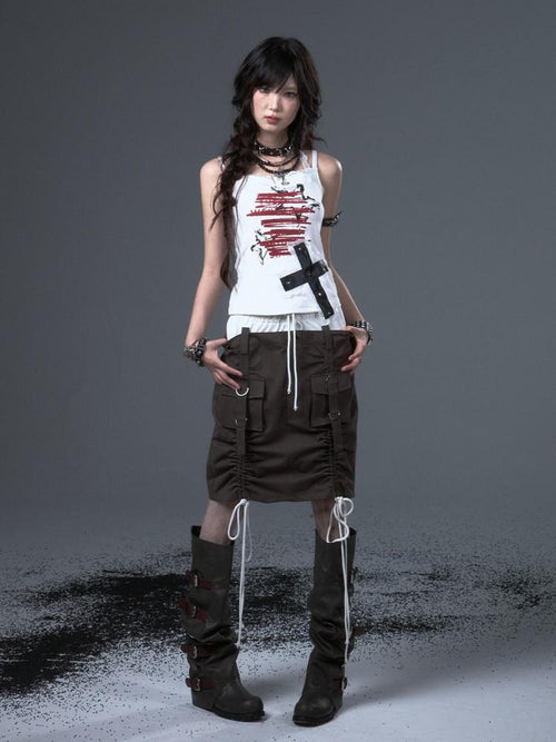 Frustration Garden Applique Lace Print Stud Detail Slim Cropped Tie Strappy Cami White Tank Tops