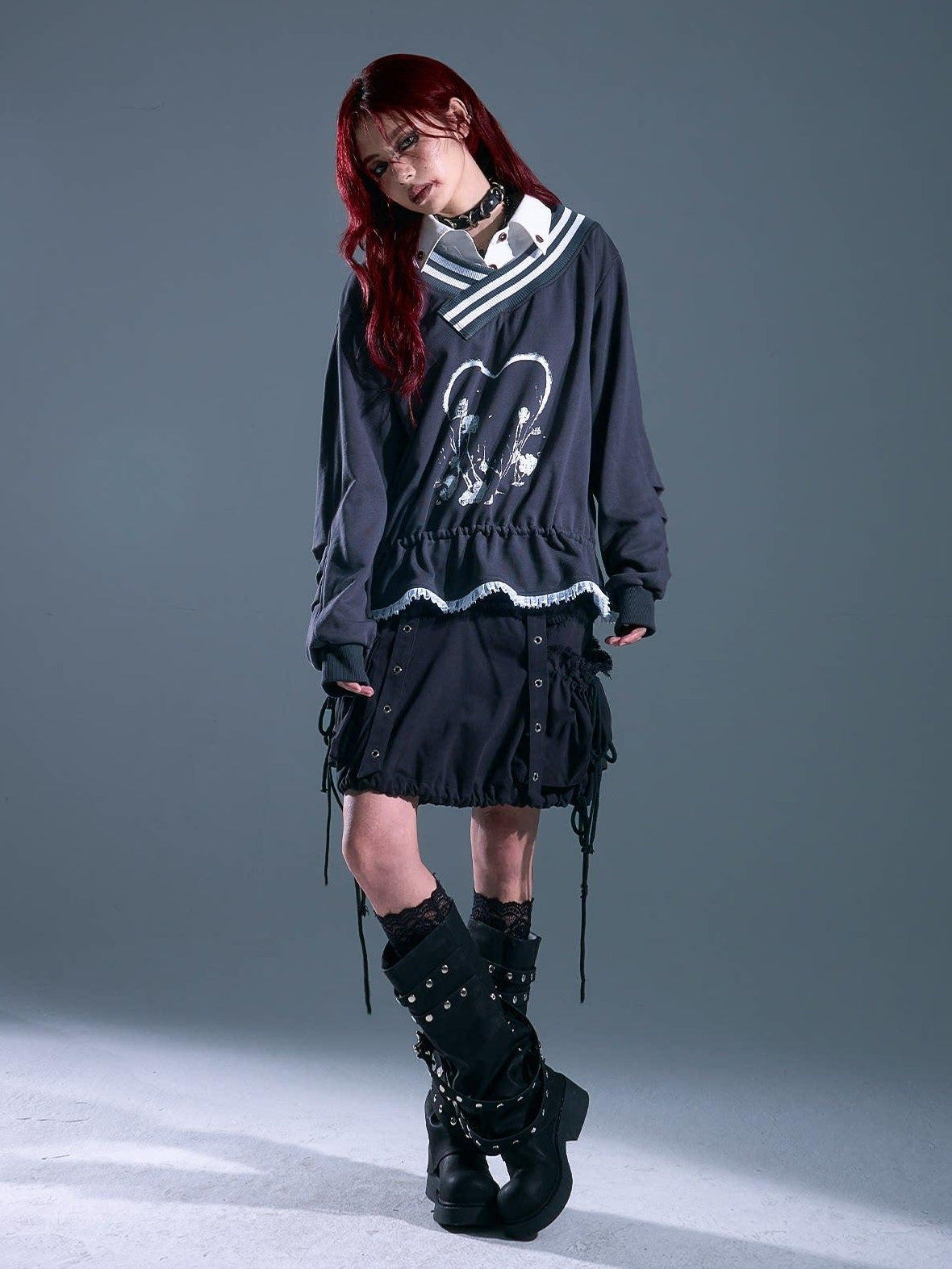 Frustration Garden Asymmetric Patchwork Loose Raglan Drawstring Gray Pullover Hoodies