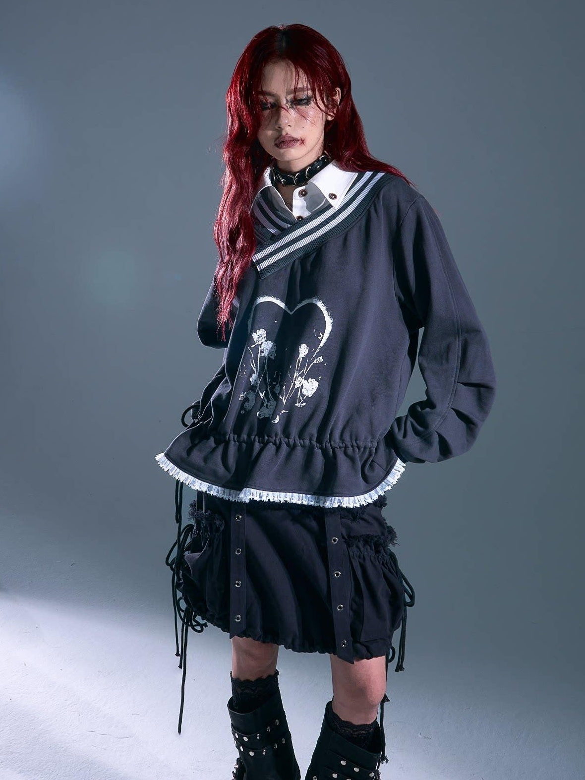 Frustration Garden Asymmetric Patchwork Loose Raglan Drawstring Gray Pullover Hoodies