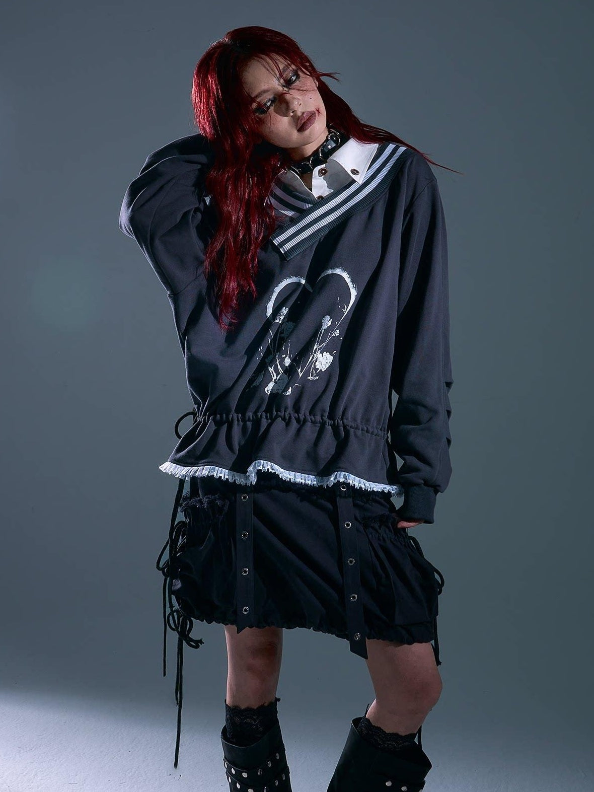 Frustration Garden Asymmetric Patchwork Loose Raglan Drawstring Gray Pullover Hoodies