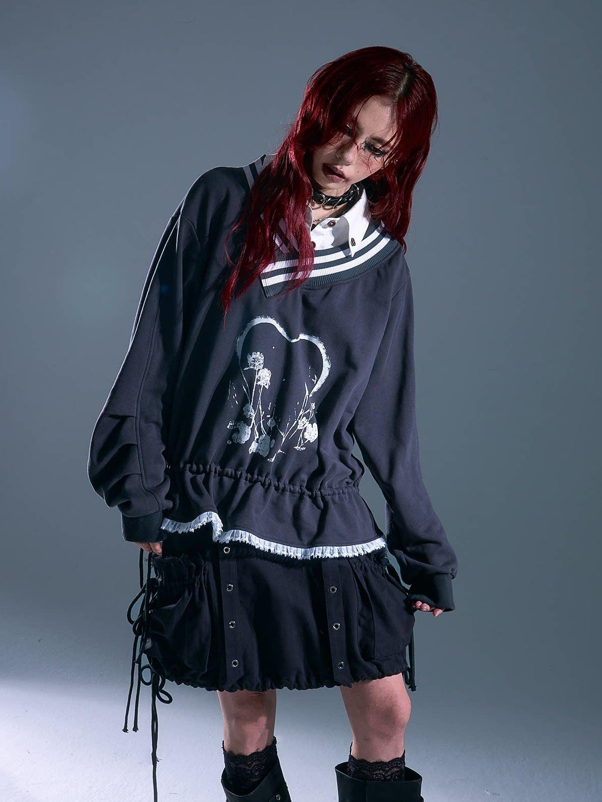Frustration Garden Asymmetric Patchwork Loose Raglan Drawstring Gray Pullover Hoodies