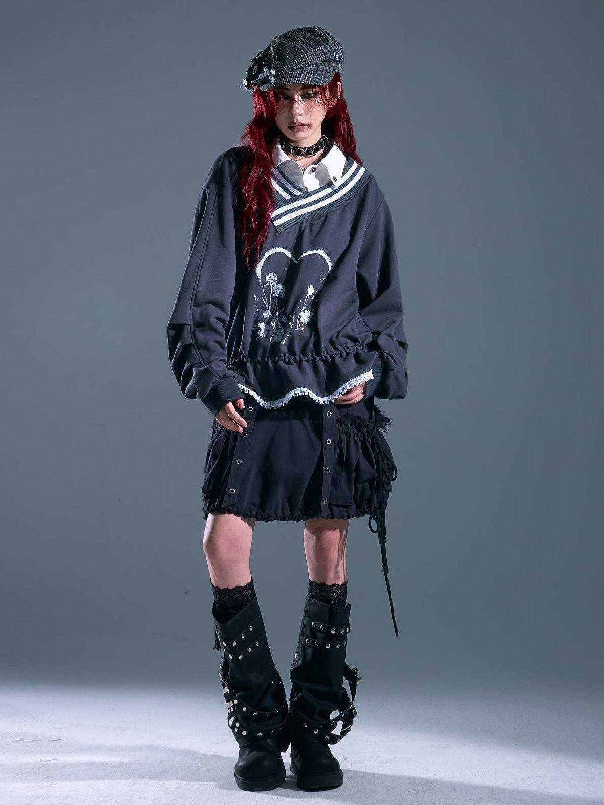Frustration Garden Asymmetric Patchwork Loose Raglan Drawstring Gray Pullover Hoodies