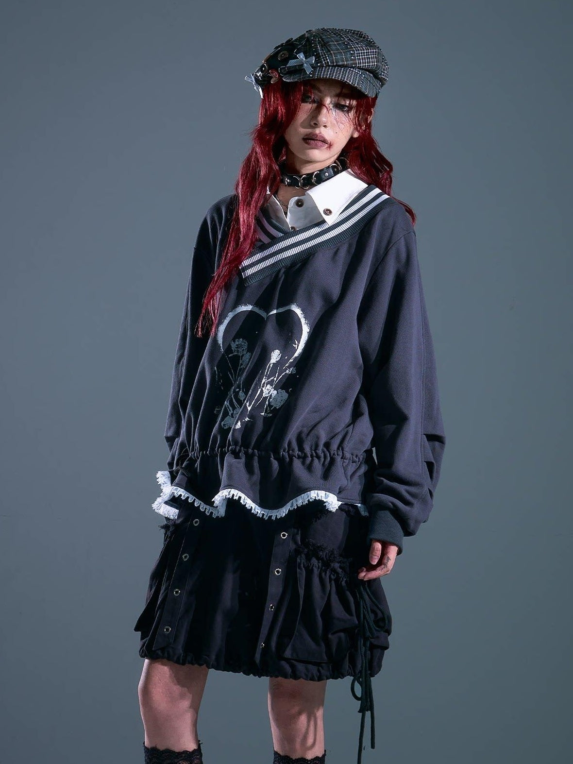 Frustration Garden Asymmetric Patchwork Loose Raglan Drawstring Gray Pullover Hoodies