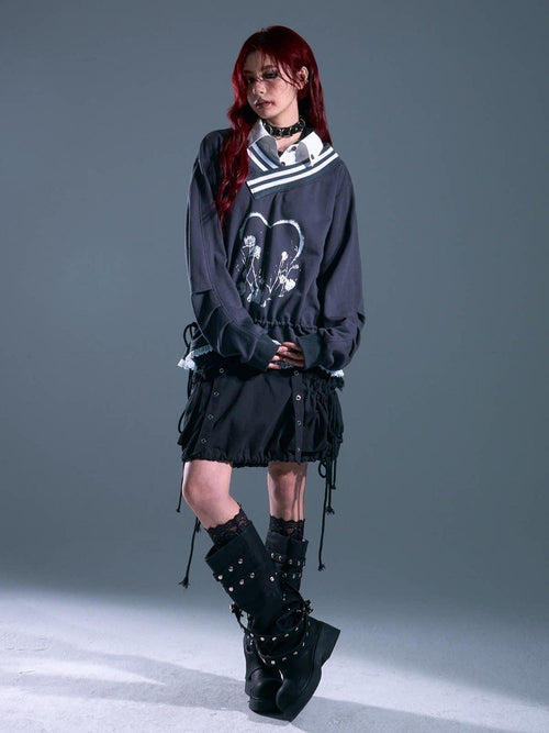Frustration Garden Asymmetric Patchwork Loose Raglan Drawstring Gray Pullover Hoodies