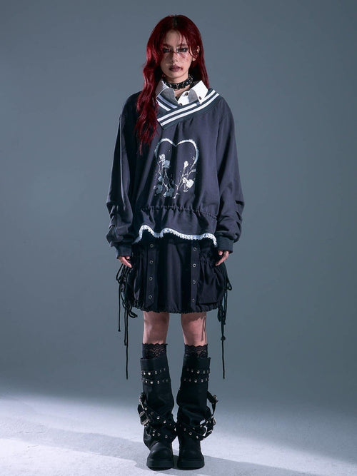 Frustration Garden Asymmetric Patchwork Loose Raglan Drawstring Gray Pullover Hoodies