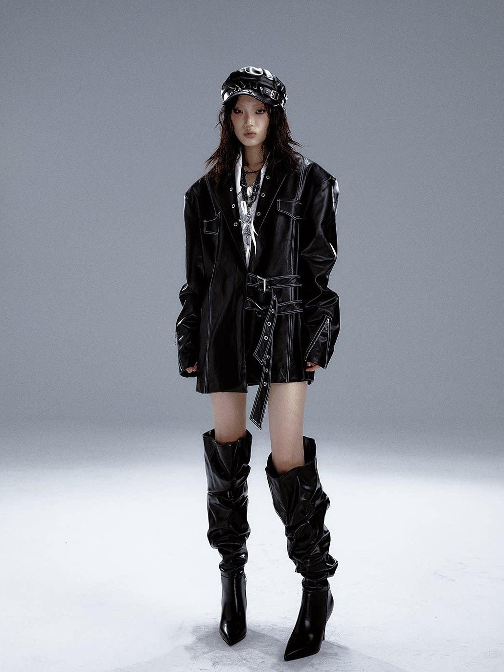 Frustration Garden Asymmetric Pu Oversized Blazer Collar Street Longsleeve Black Leather Jackets