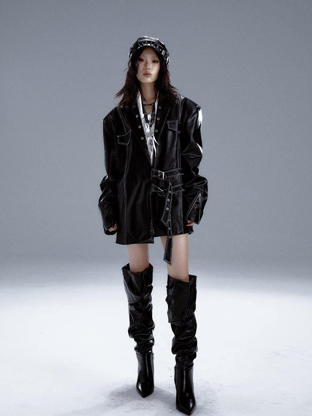 Frustration Garden Asymmetric Pu Oversized Blazer Collar Street Longsleeve Black Leather Jackets