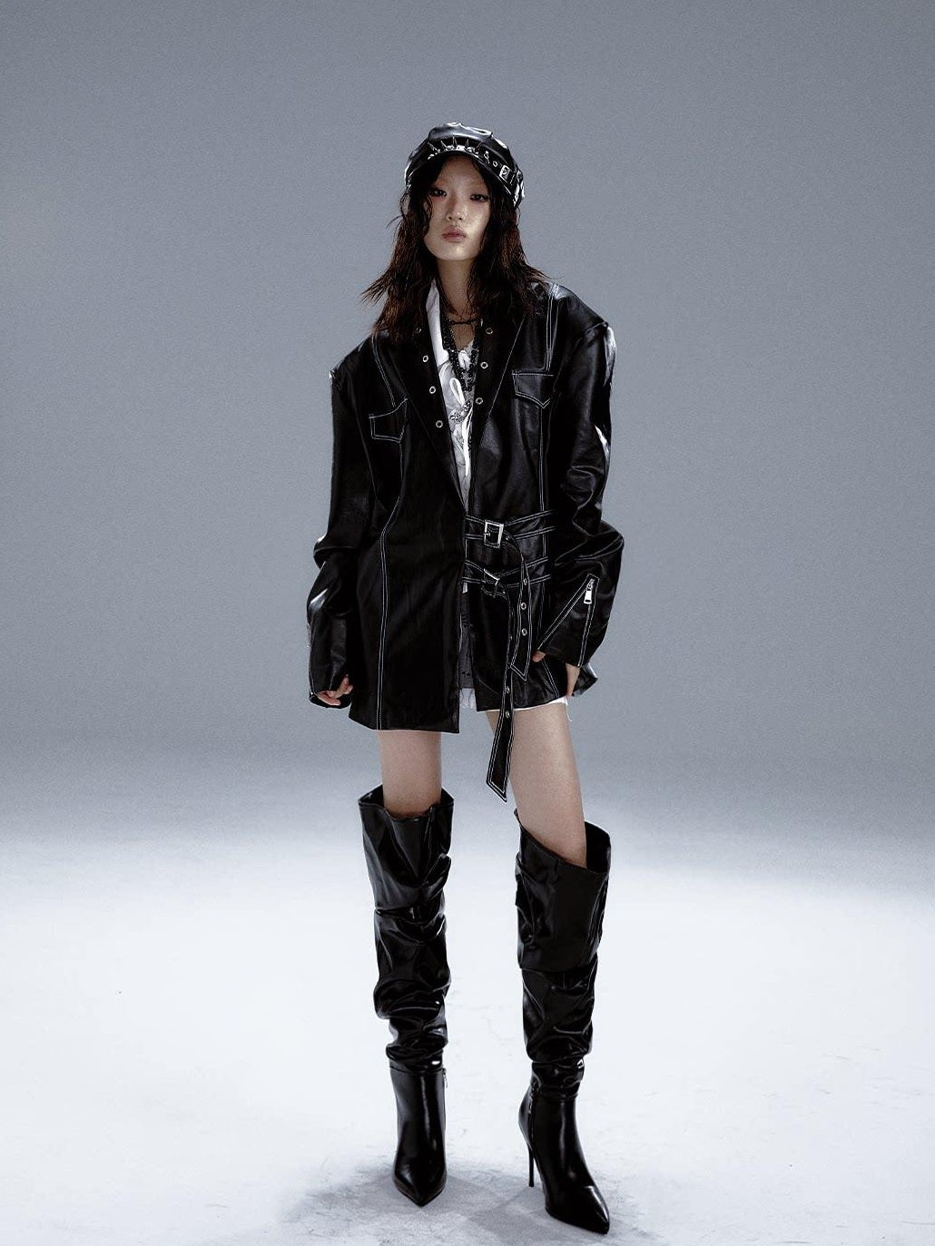 Frustration Garden Asymmetric Pu Oversized Blazer Collar Street Longsleeve Black Leather Jackets