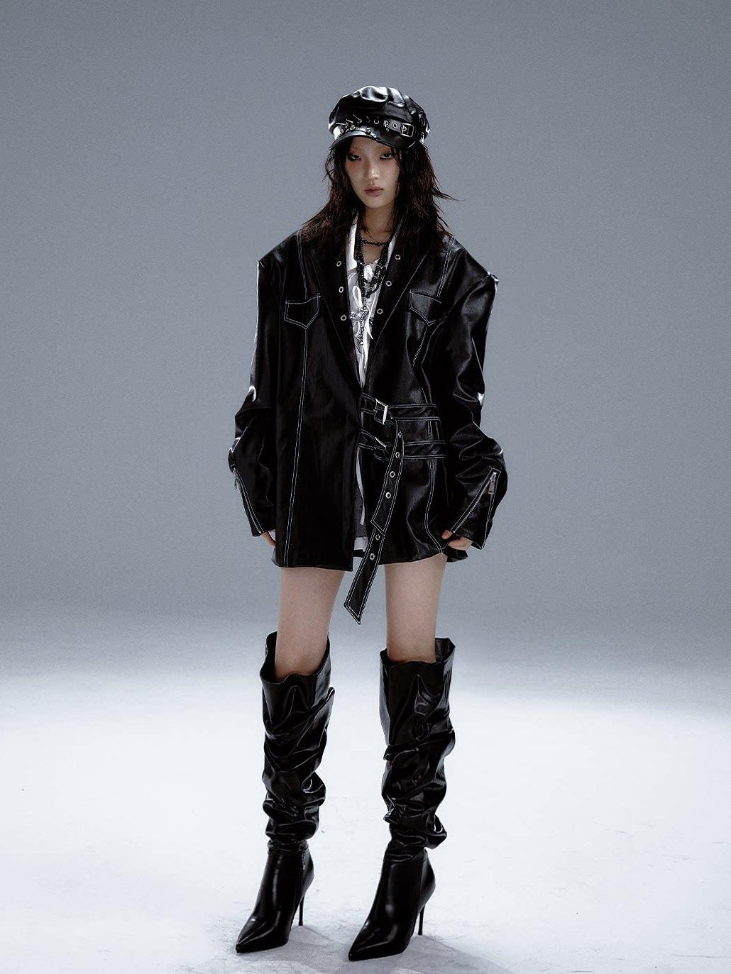 Frustration Garden Asymmetric Pu Oversized Blazer Collar Street Longsleeve Black Leather Jackets