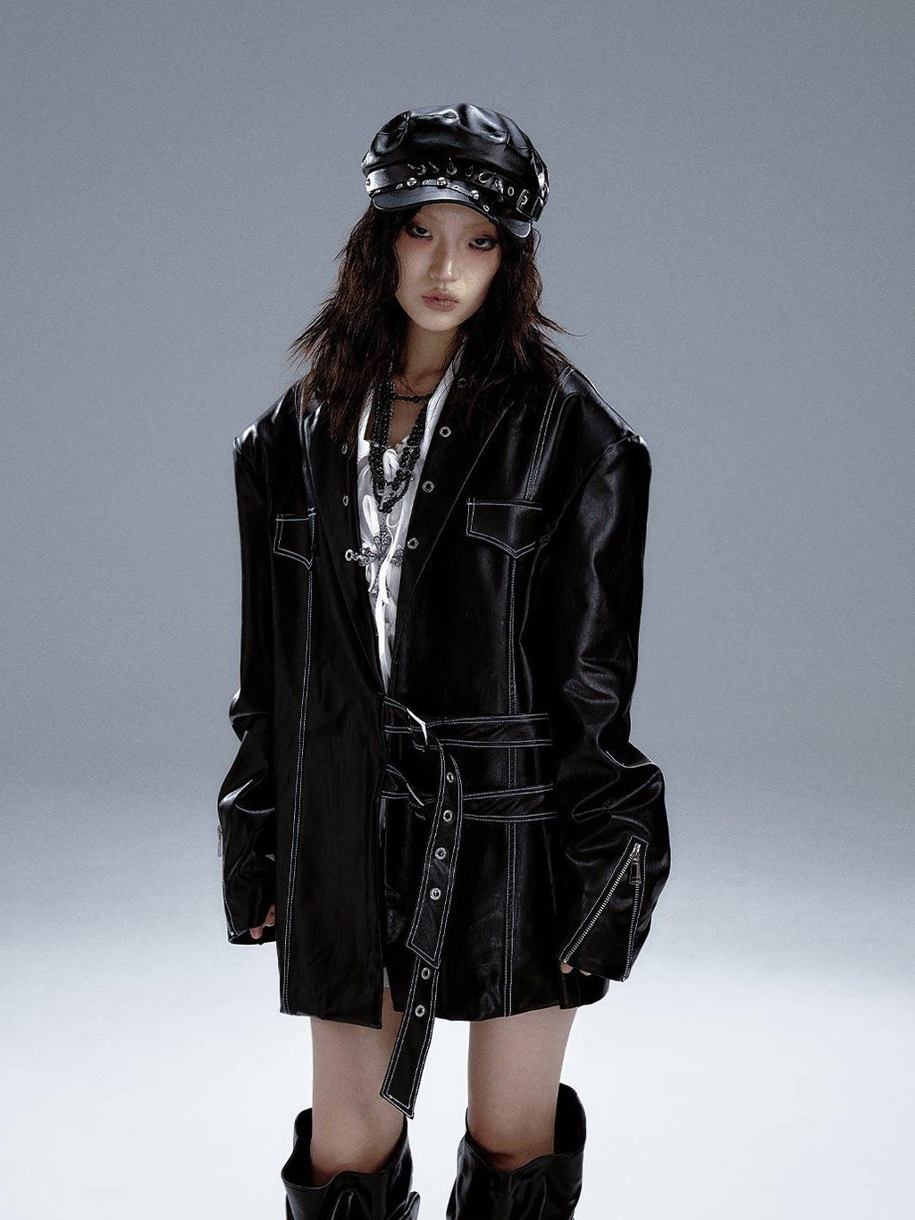 Frustration Garden Asymmetric Pu Oversized Blazer Collar Street Longsleeve Black Leather Jackets