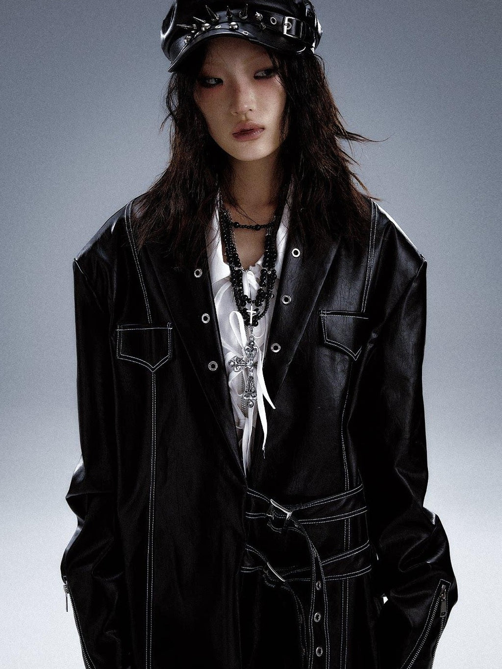 Frustration Garden Asymmetric Pu Oversized Blazer Collar Street Longsleeve Black Leather Jackets