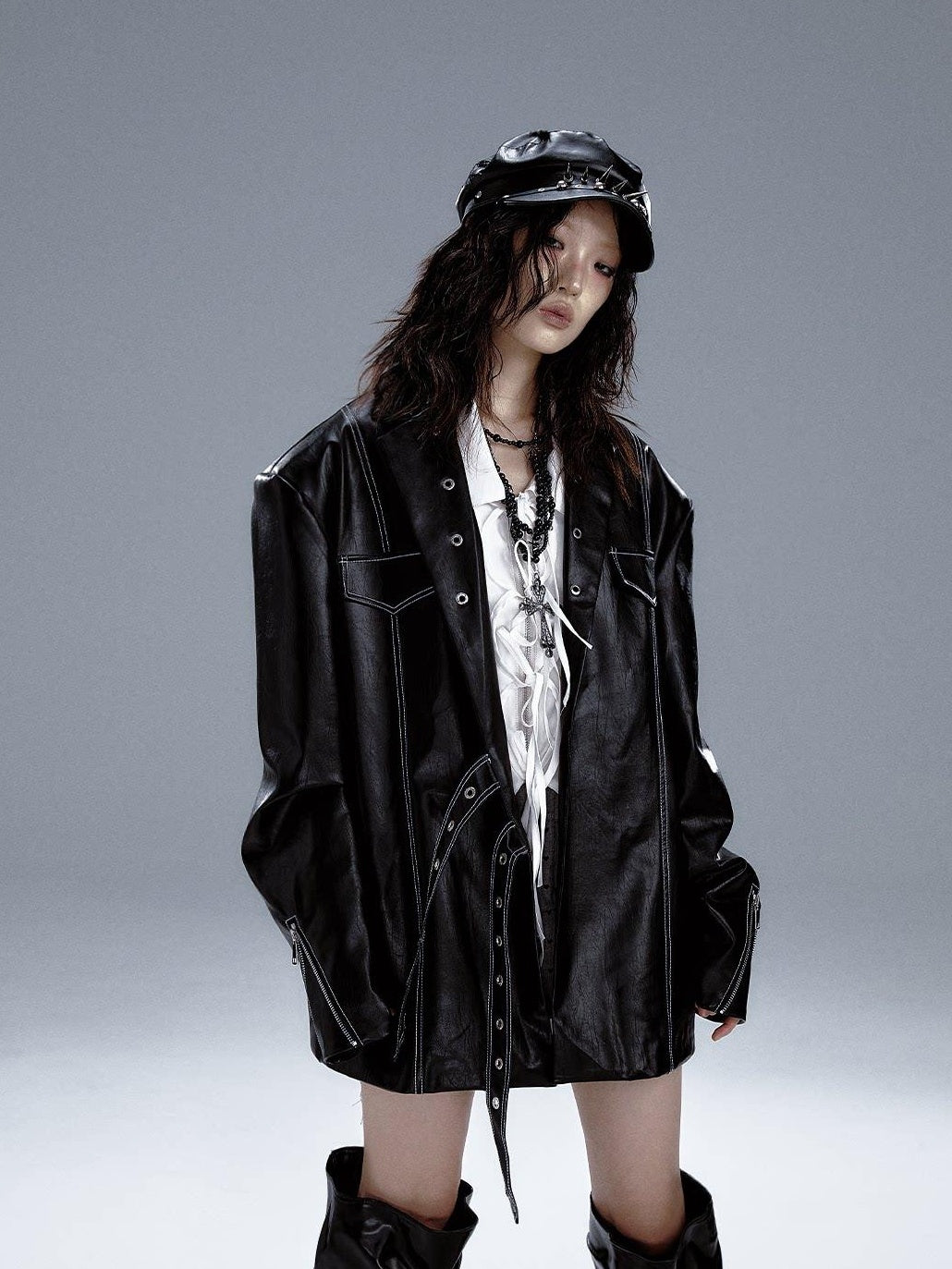 Frustration Garden Asymmetric Pu Oversized Blazer Collar Street Longsleeve Black Leather Jackets