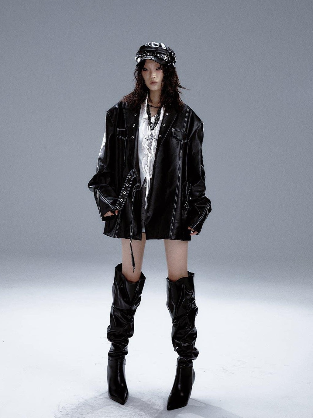 Frustration Garden Asymmetric Pu Oversized Blazer Collar Street Longsleeve Black Leather Jackets