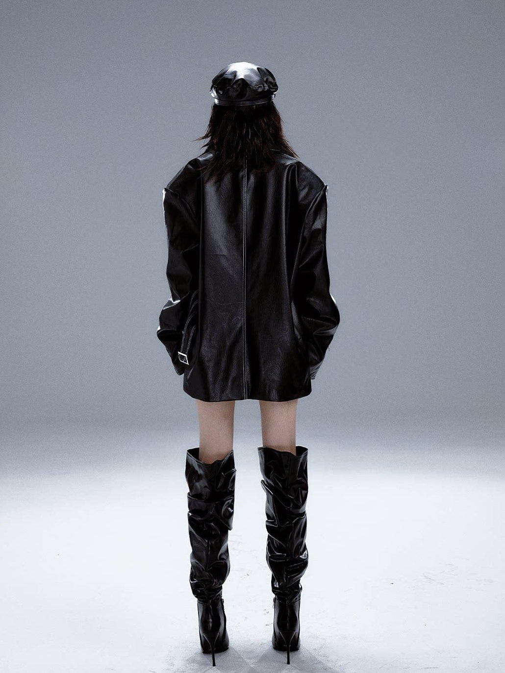 Frustration Garden Asymmetric Pu Oversized Blazer Collar Street Longsleeve Black Leather Jackets