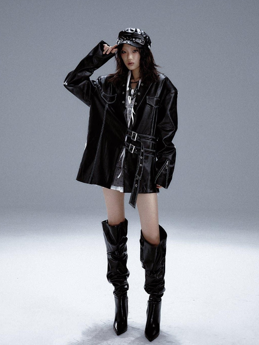Frustration Garden Asymmetric Pu Oversized Blazer Collar Street Longsleeve Black Leather Jackets