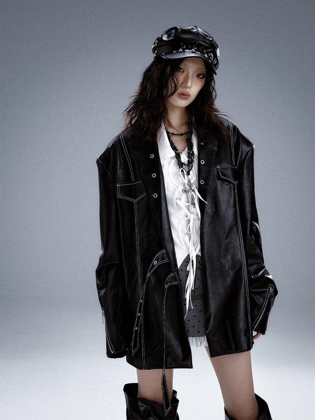 Frustration Garden Asymmetric Pu Oversized Blazer Collar Street Longsleeve Black Leather Jackets