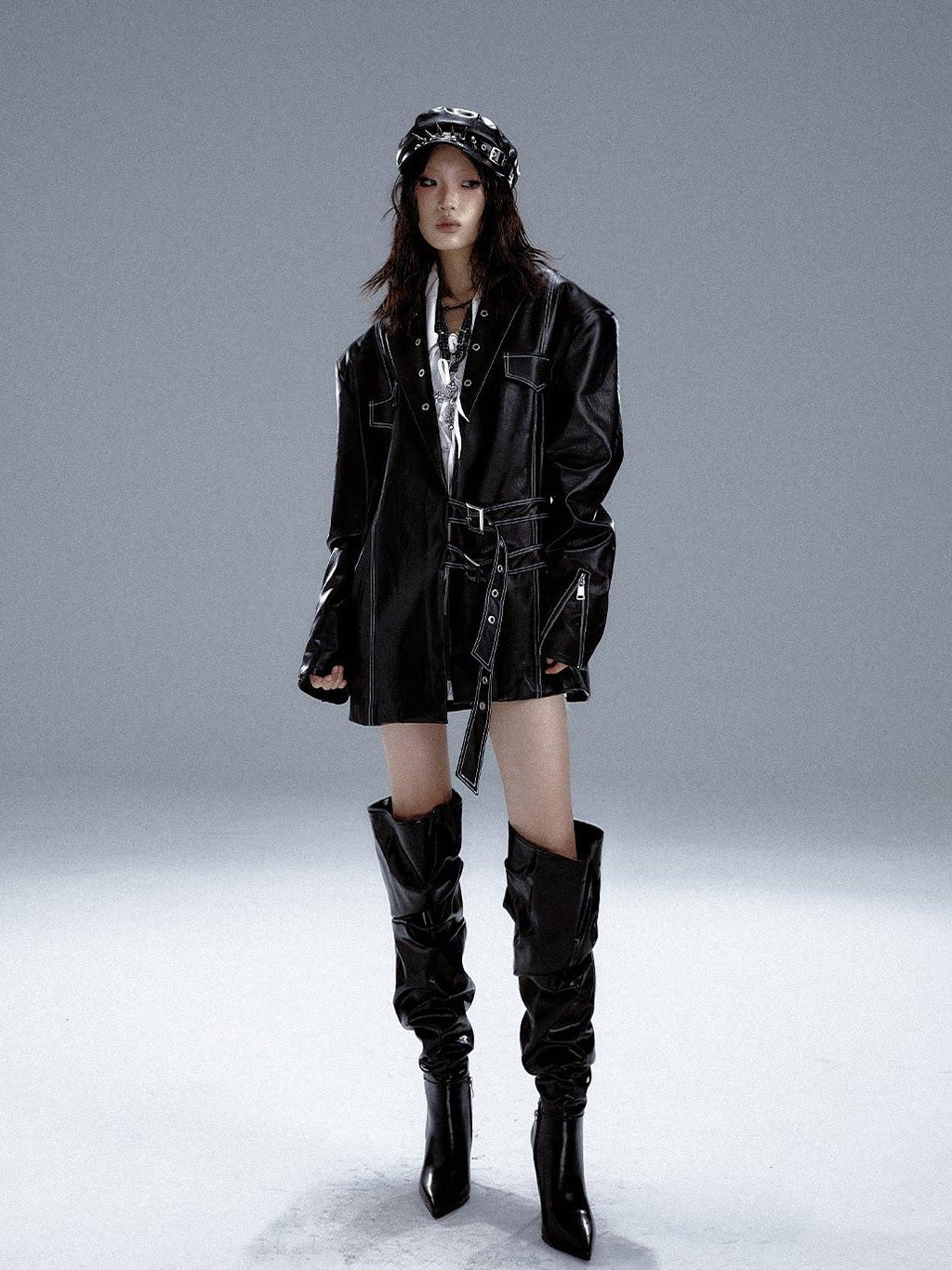 Frustration Garden Asymmetric Pu Oversized Blazer Collar Street Longsleeve Black Leather Jackets