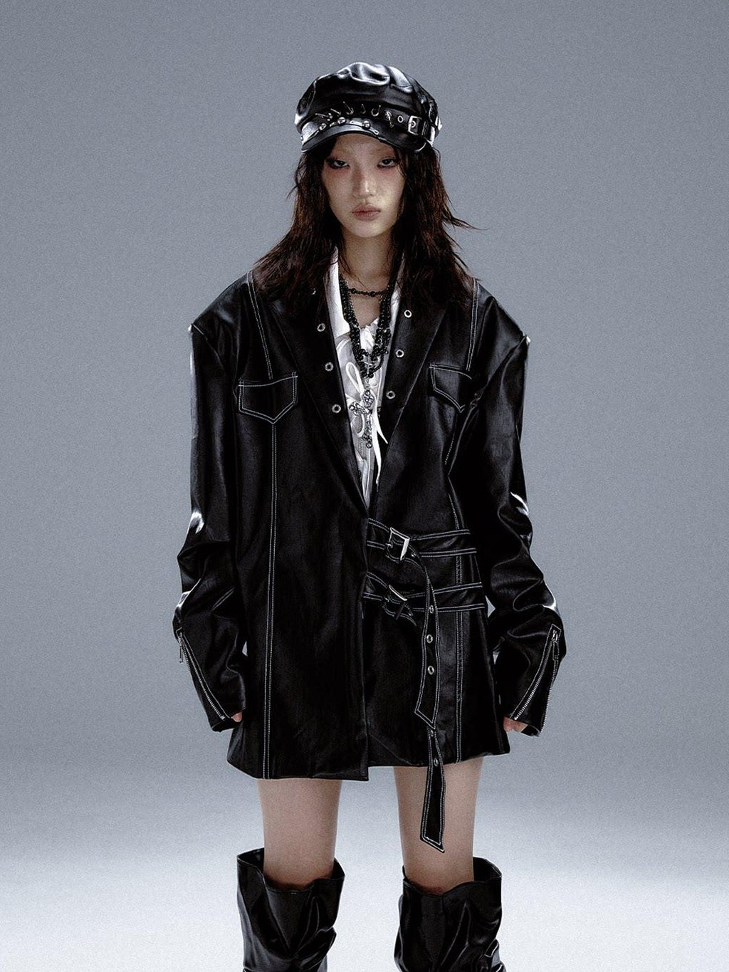 Frustration Garden Asymmetric Pu Oversized Blazer Collar Street Longsleeve Black Leather Jackets