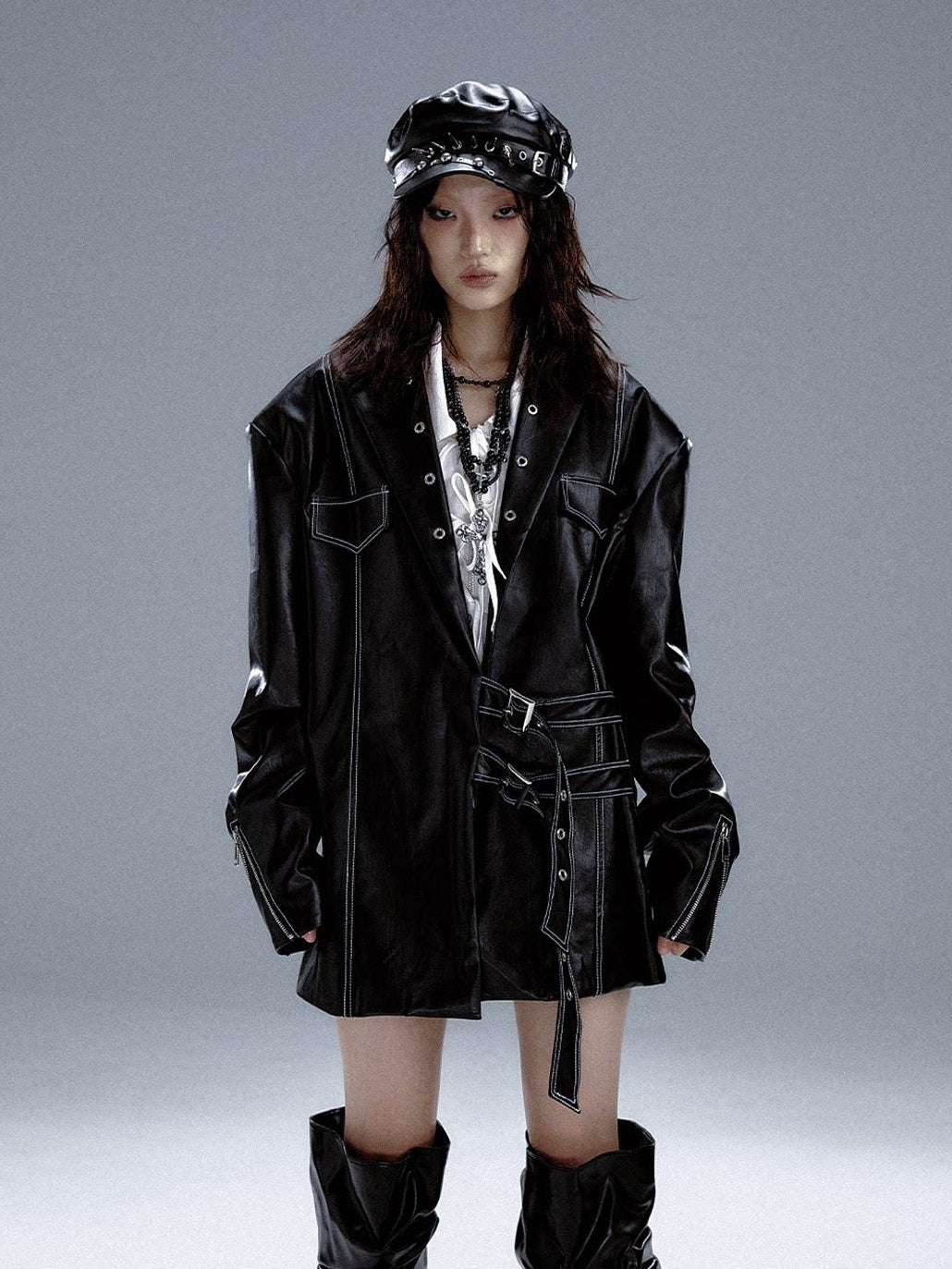 Frustration Garden Asymmetric Pu Oversized Blazer Collar Street Longsleeve Black Leather Jackets