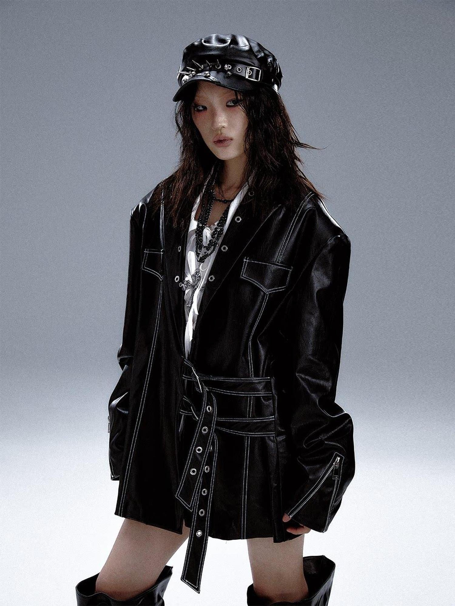 Frustration Garden Asymmetric Pu Oversized Blazer Collar Street Longsleeve Black Leather Jackets
