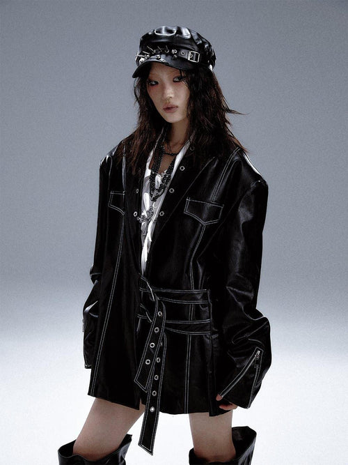 Frustration Garden Asymmetric Pu Oversized Blazer Collar Street Longsleeve Black Leather Jackets