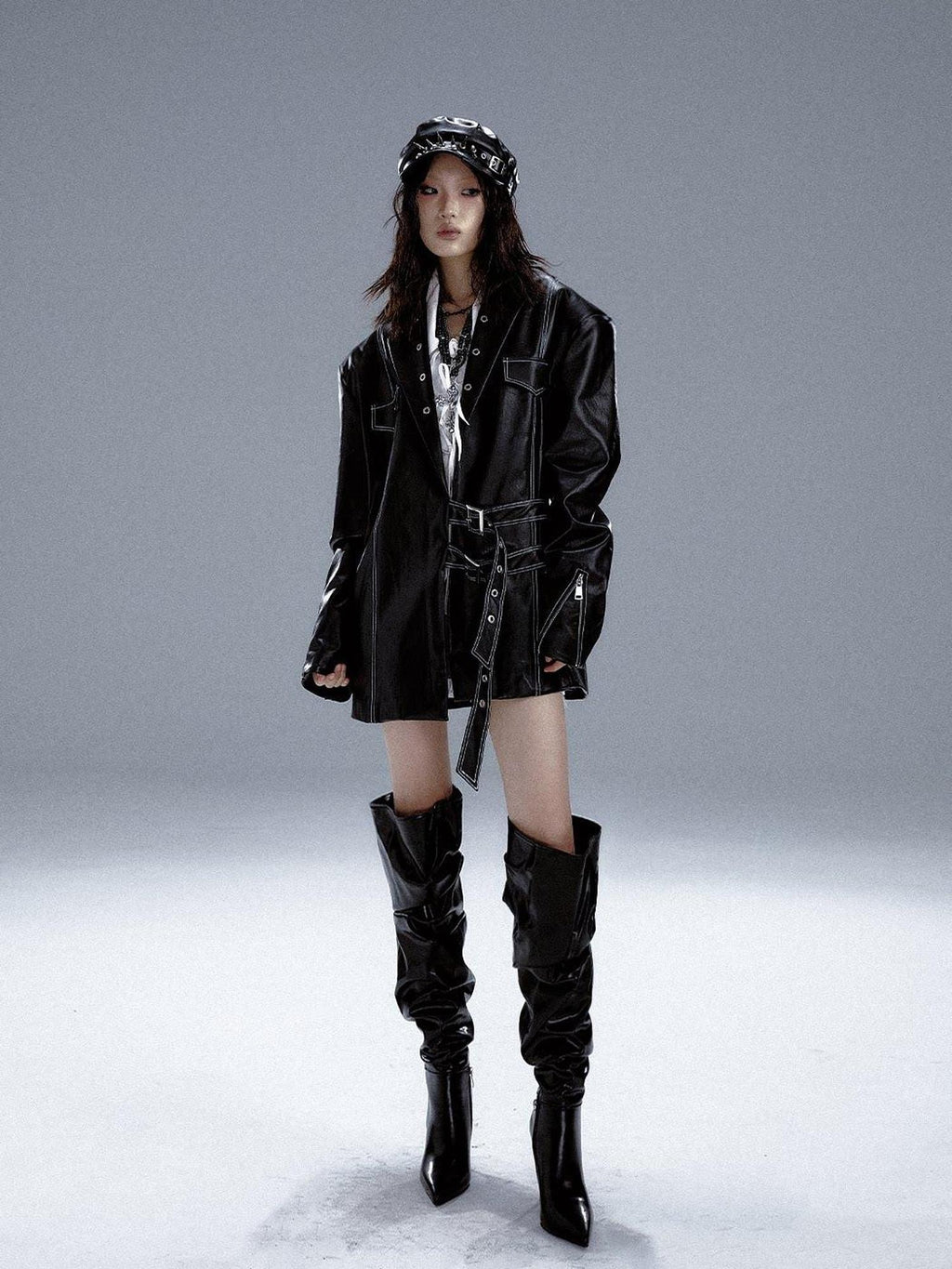 Frustration Garden Asymmetric Pu Oversized Blazer Collar Street Longsleeve Black Leather Jackets