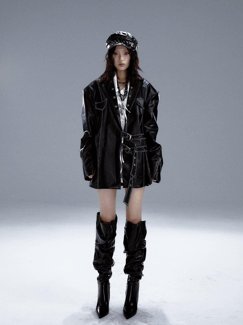 Frustration Garden Asymmetric Pu Oversized Blazer Collar Street Longsleeve Black Leather Jackets