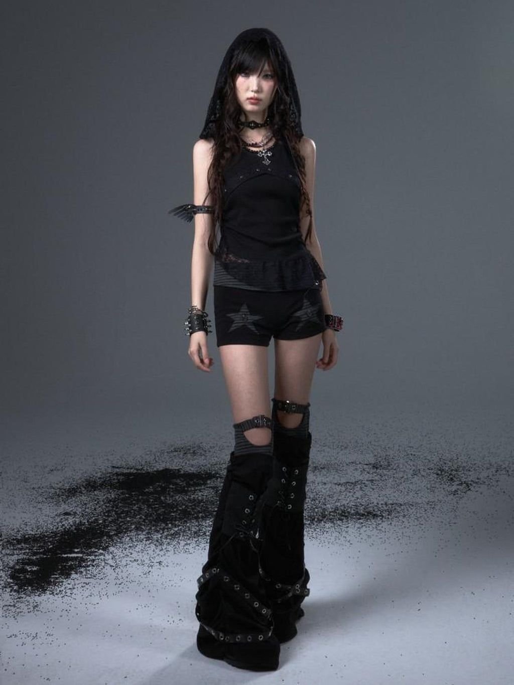 Frustration Garden Asymmetric Ruching Lace Tie Stud Slim Fit Cropped Women Black Stretch Tank Tops