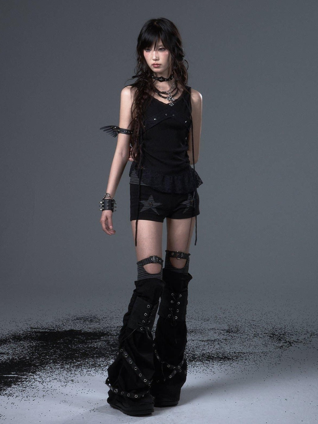Frustration Garden Asymmetric Ruching Lace Tie Stud Slim Fit Cropped Women Black Stretch Tank Tops